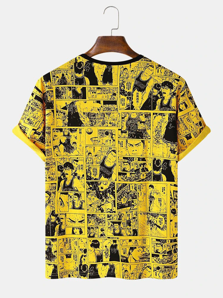 Conversational Printed T-Shirt With Cartoons In Yellow Colour