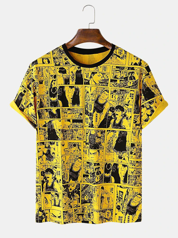 Conversational Printed T-Shirt With Cartoons In Yellow Colour