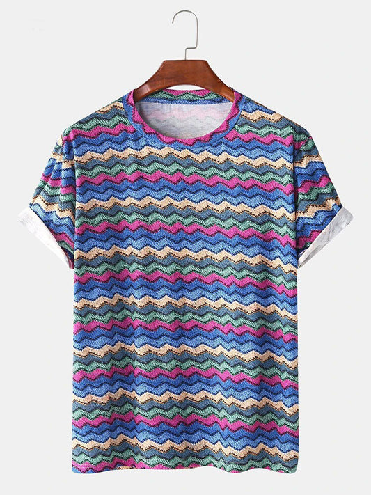 Horizontally Zig-Zag Short Sleeves Printed T-Shirt