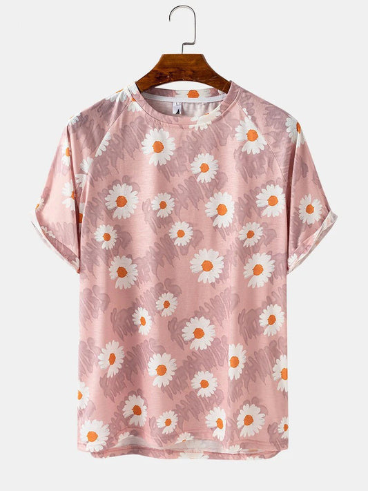 T-Shirt Printed With All Over Attractive Flowers And Words With Short Sleeves